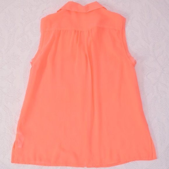 Forever 21 Fluorescent Neon Coral Button Studded Sheer Shirt Tank Top Blouse S - Picture 5 of 10